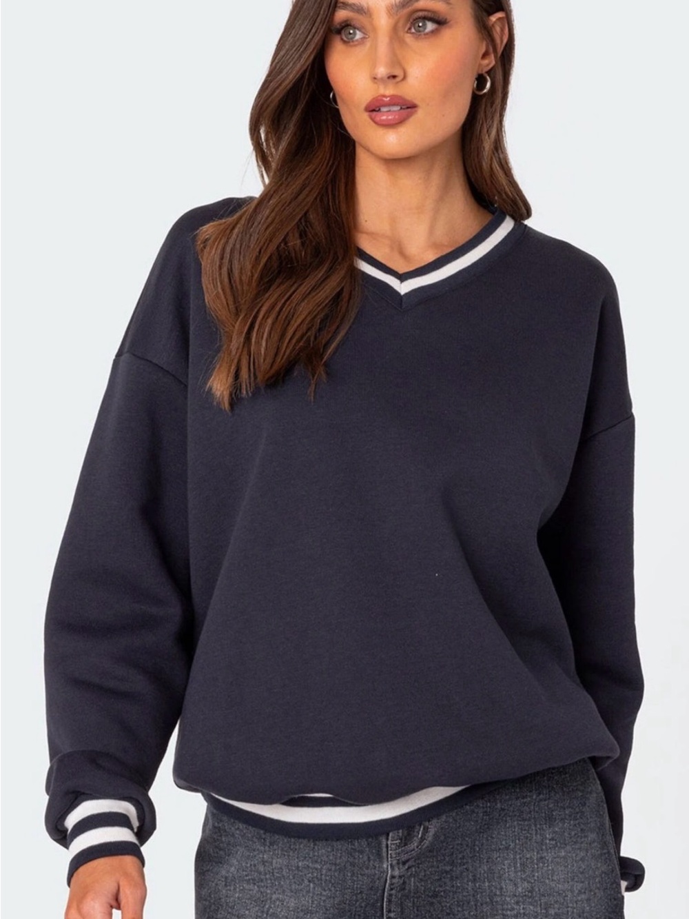 Edikted Navy Caryn OversizedV-Neck Sweater with Striped Trim; size Large